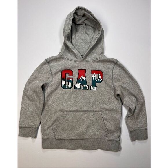 Gap Arch Logo Hoodie w Pocket Mountain Snow Cap Trees Grey Boys Medium Size 10 - Picture 1 of 8